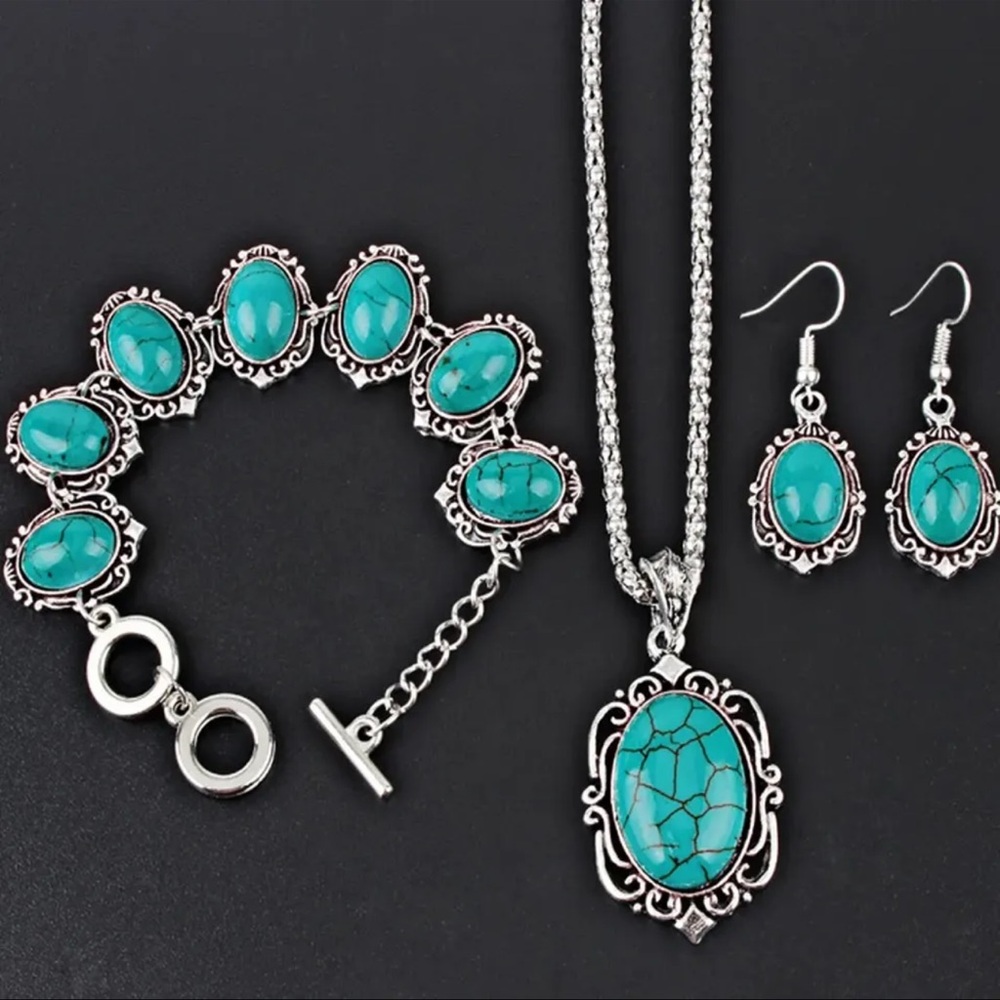 3pcs Vintage Turquoise Bracelet Necklace Earrings Set Healing Stone Decoration